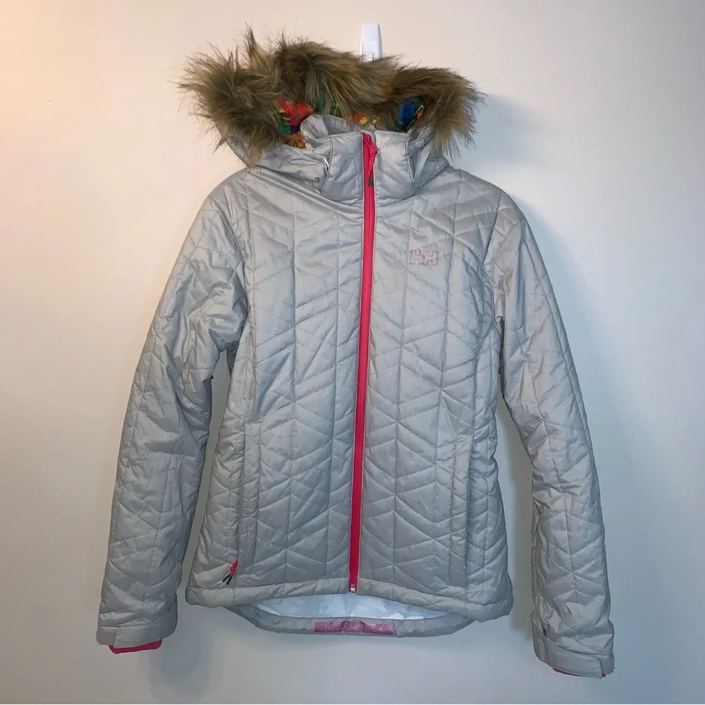 Helly Hansen Women's Prime Ski Jacket Nordic Pink Grey Quilted Faux Fur Trim L
